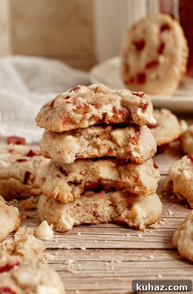 Light golden rhubarb cookies with white chocolate chips and chopped almonds.