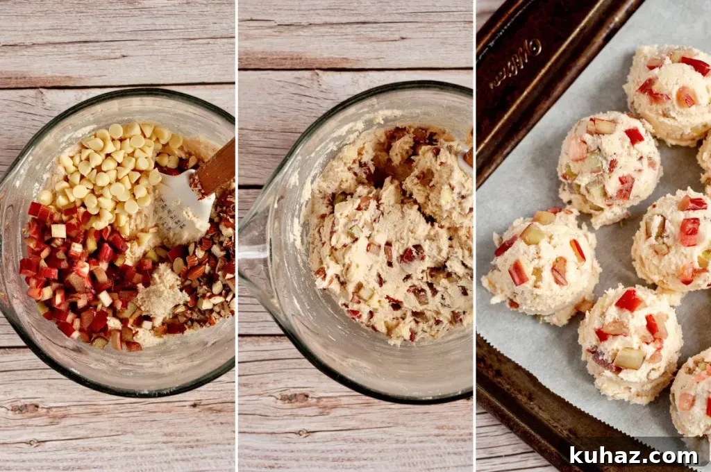 Light golden rhubarb cookies with white chocolate chips and chopped almonds.