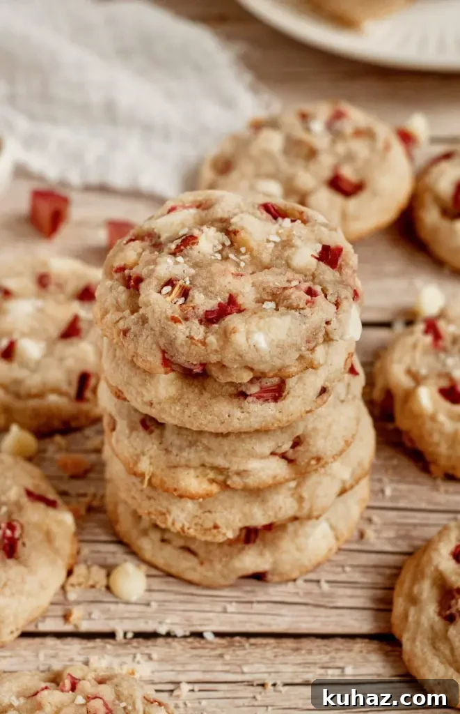 Light golden rhubarb cookies with white chocolate chips and chopped almonds.