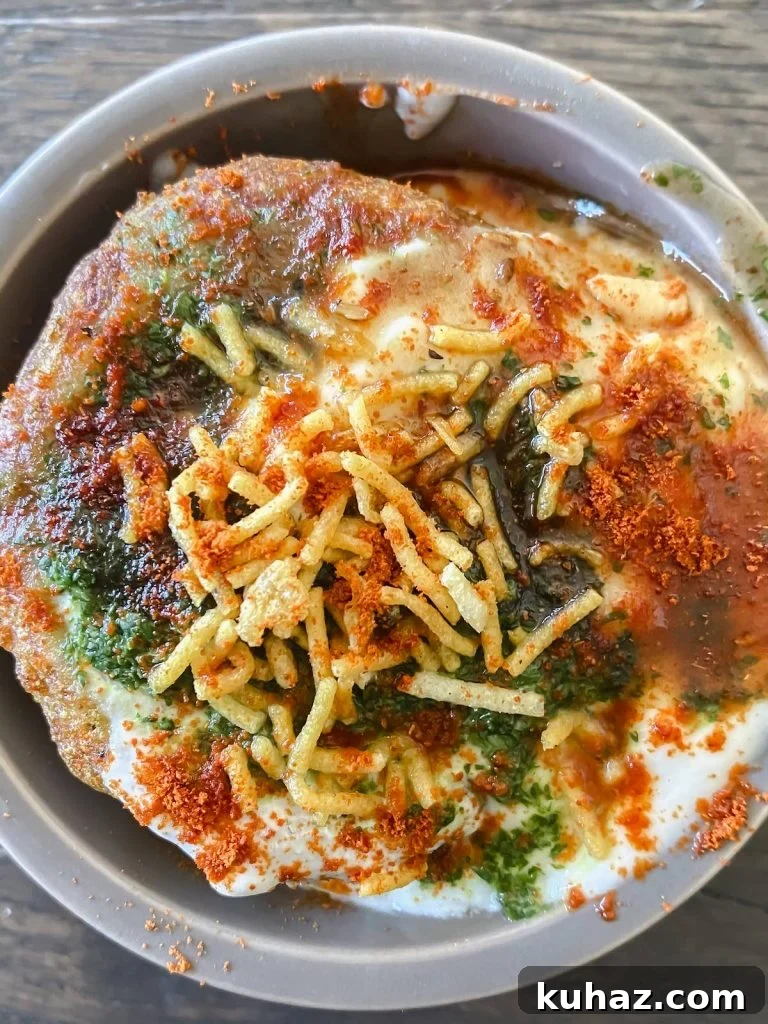 Aloo Tikki Chaat Recipe - Crispy Indian Potato Patties 3 aloo tikki chaat close up