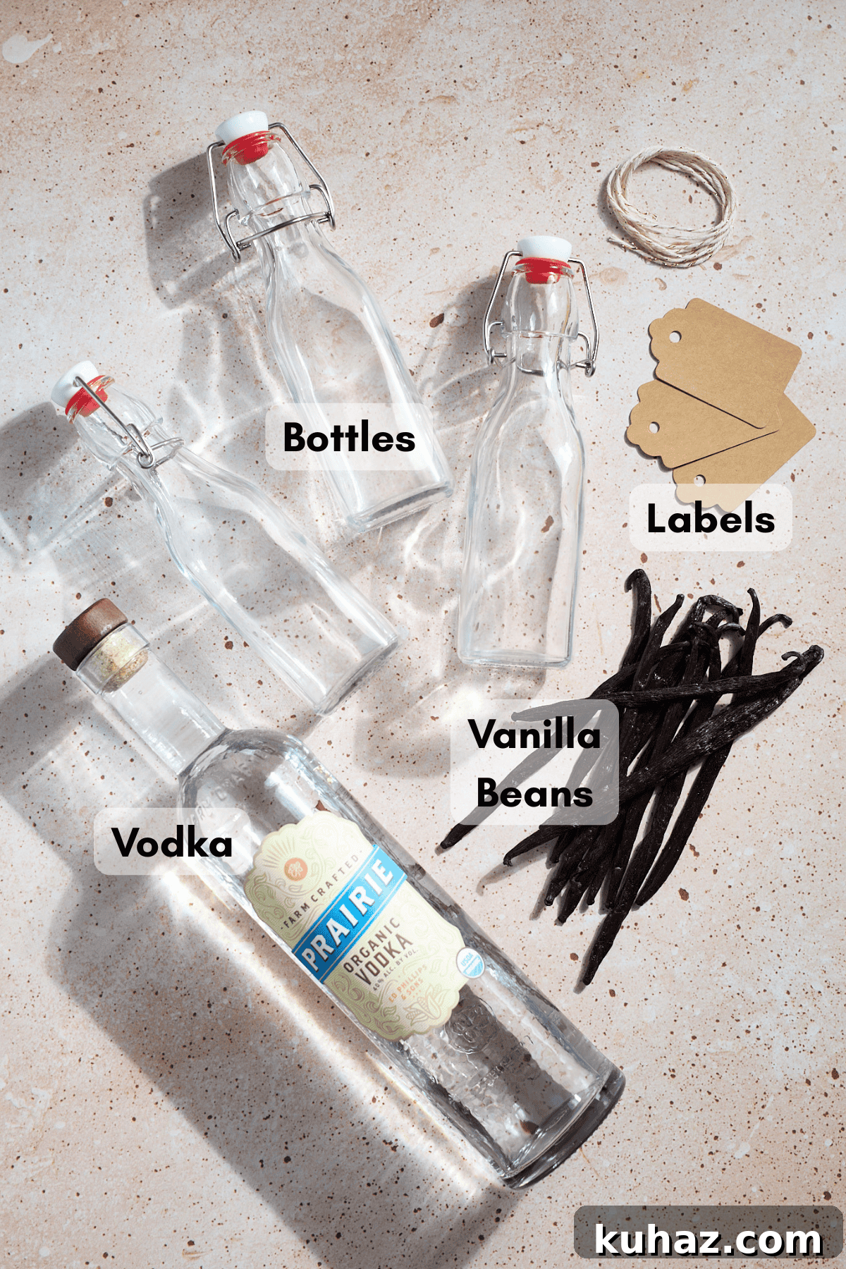 Ingredients and supplies for Homemade Vanilla Extract. 