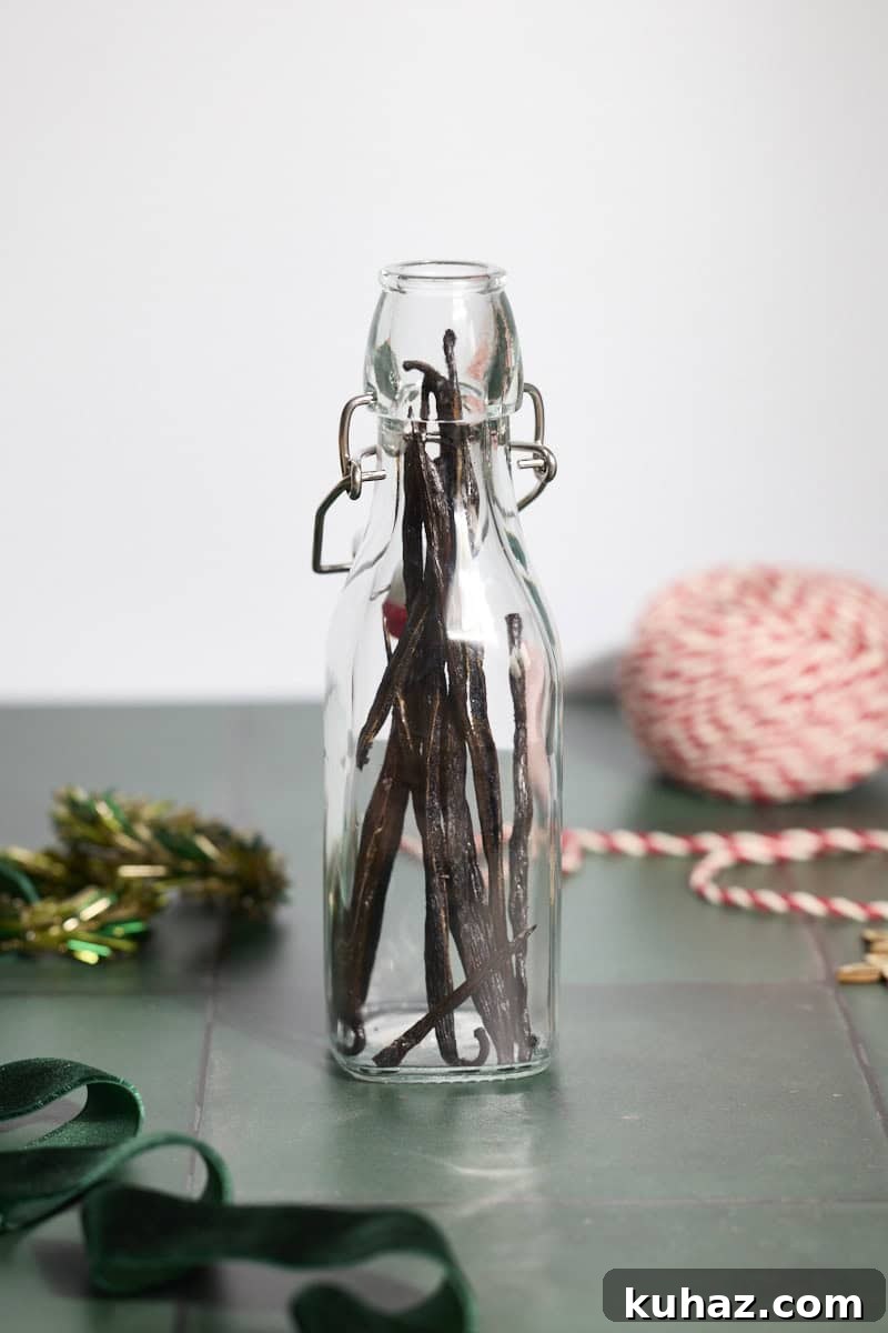 Vanilla beans in a glass bottle.