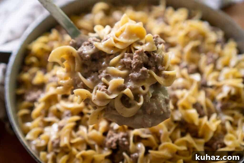 What to Serve with Green Beans 25 Tasty Pairings 13 ground beef stroganoff in spoon held over pan