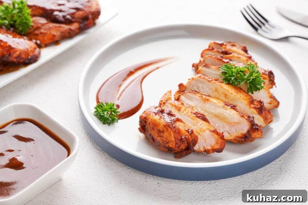 What to Serve with Green Beans 25 Tasty Pairings 5 sliced barbecue chicken breast on white plate with extra sauce garnish