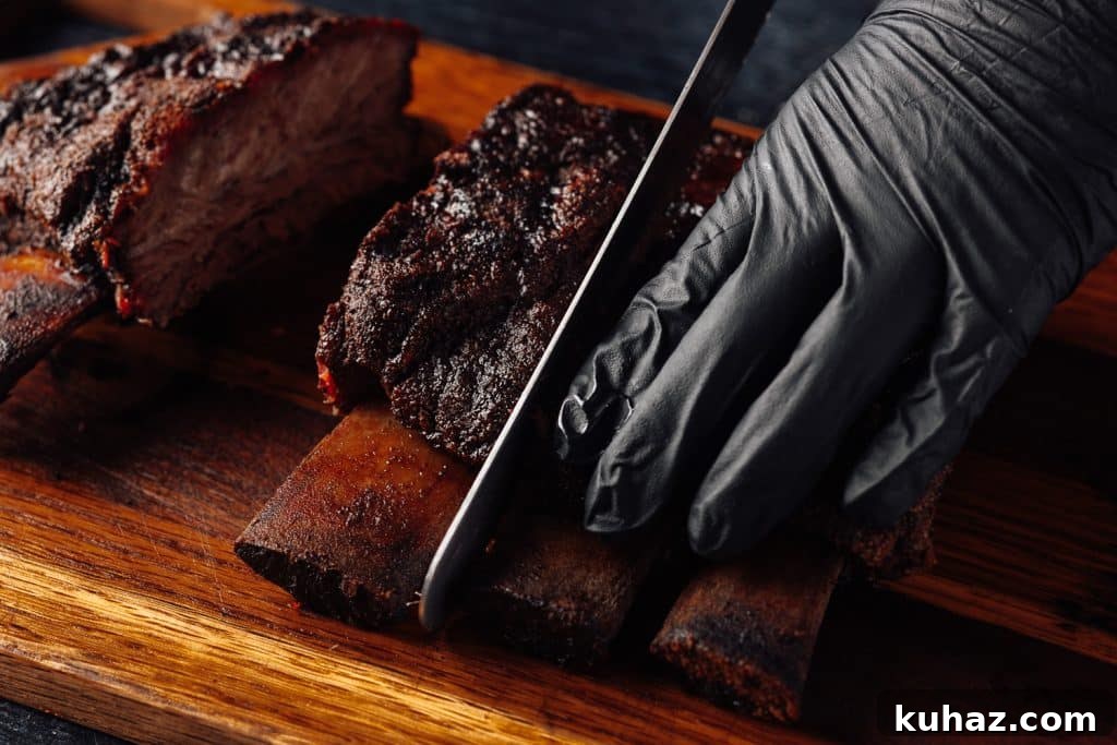 Smoked Beef Ribs Recipe: Fall-Off-the-Bone BBQ 7 Beef ribs being sliced on a wooden cutting board.
