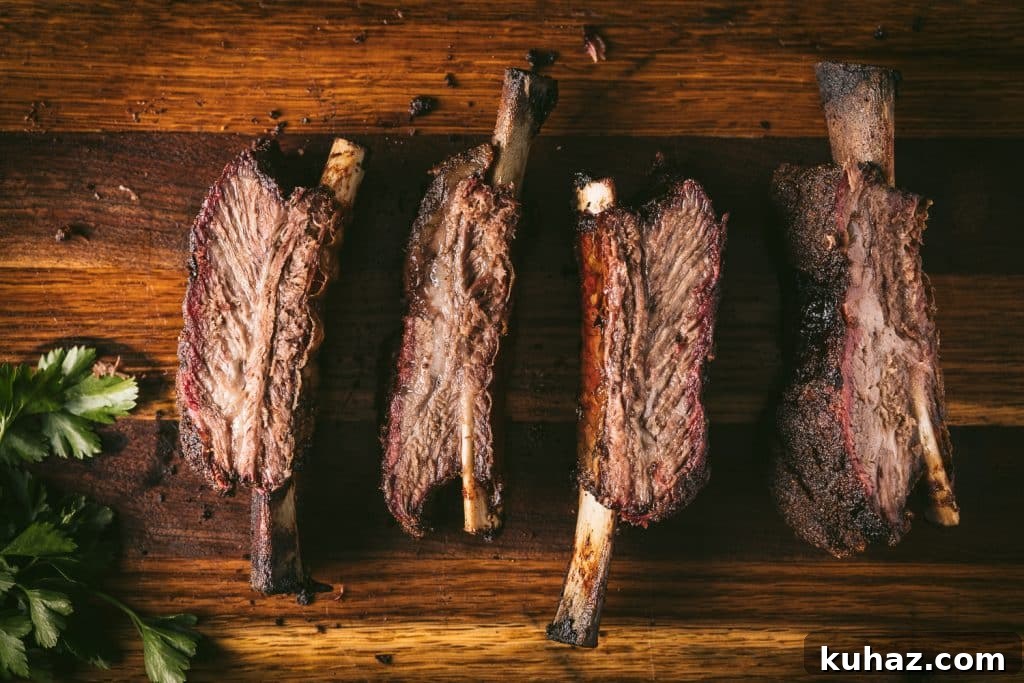 Smoked Beef Ribs Recipe: Fall-Off-the-Bone BBQ 8 Four beef ribs lined up on a wooden cutting board.