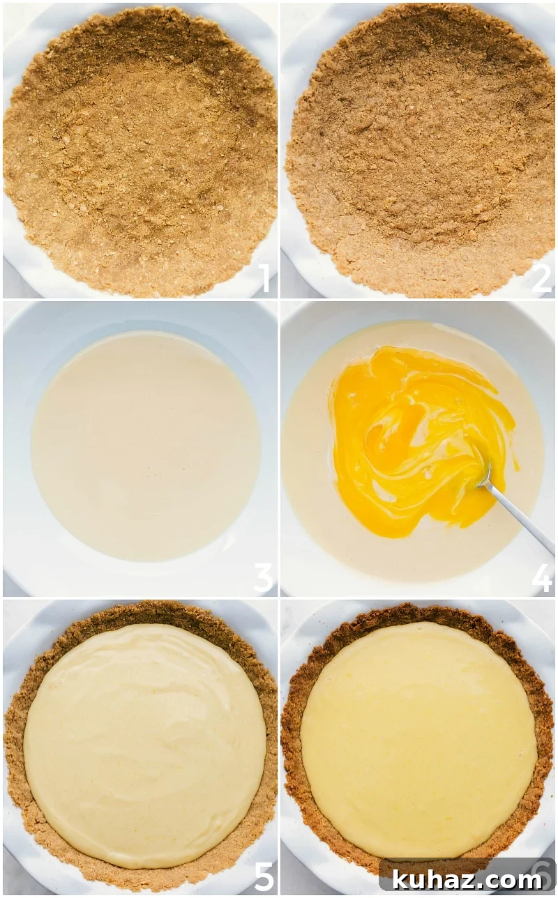 Adding Crust and Filling to Key Lime Pie Carefully placing the graham cracker crust and pouring the luscious filling onto the crust to complete the delicious recipe.