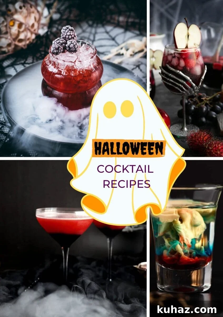A spooky selection of delicious Halloween cocktails and party drinks organized by color for Halloween celebrations.