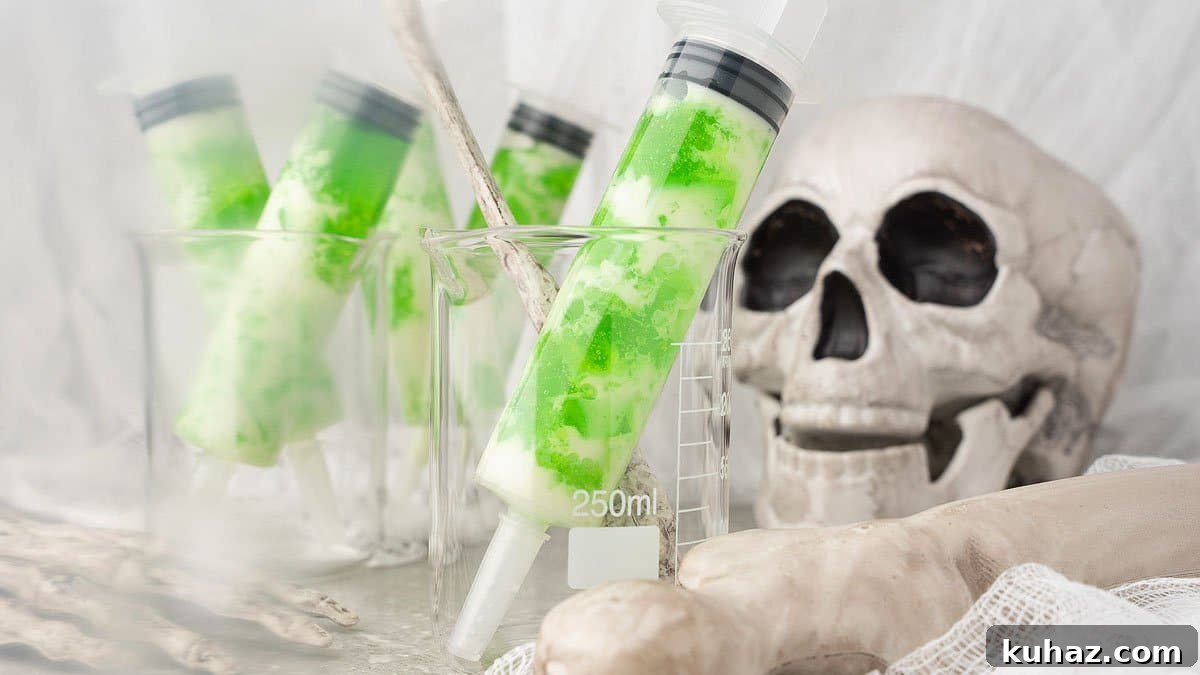 Ectoplasm syringe vodka jello shots with lime vodka for Halloween.