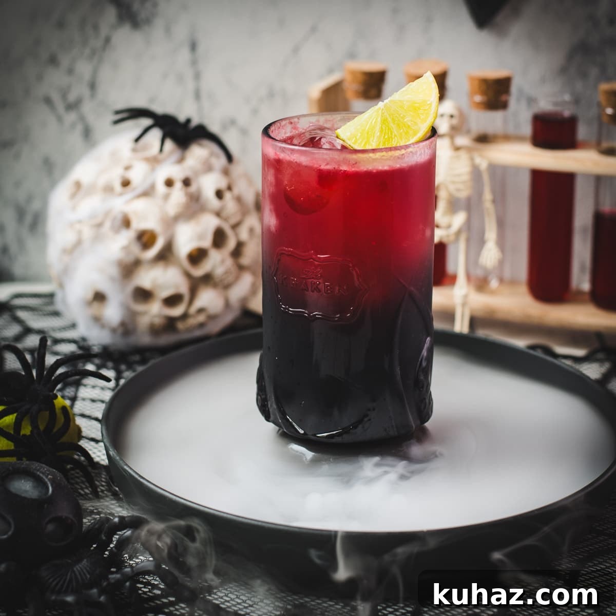 Crimson Kraken Halloween cocktail with ginger beer and homemade blood syrup.