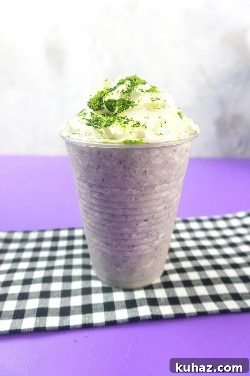 Hocus Pocus Frappuccino copycat drink for a non-alcoholic Halloween treat.