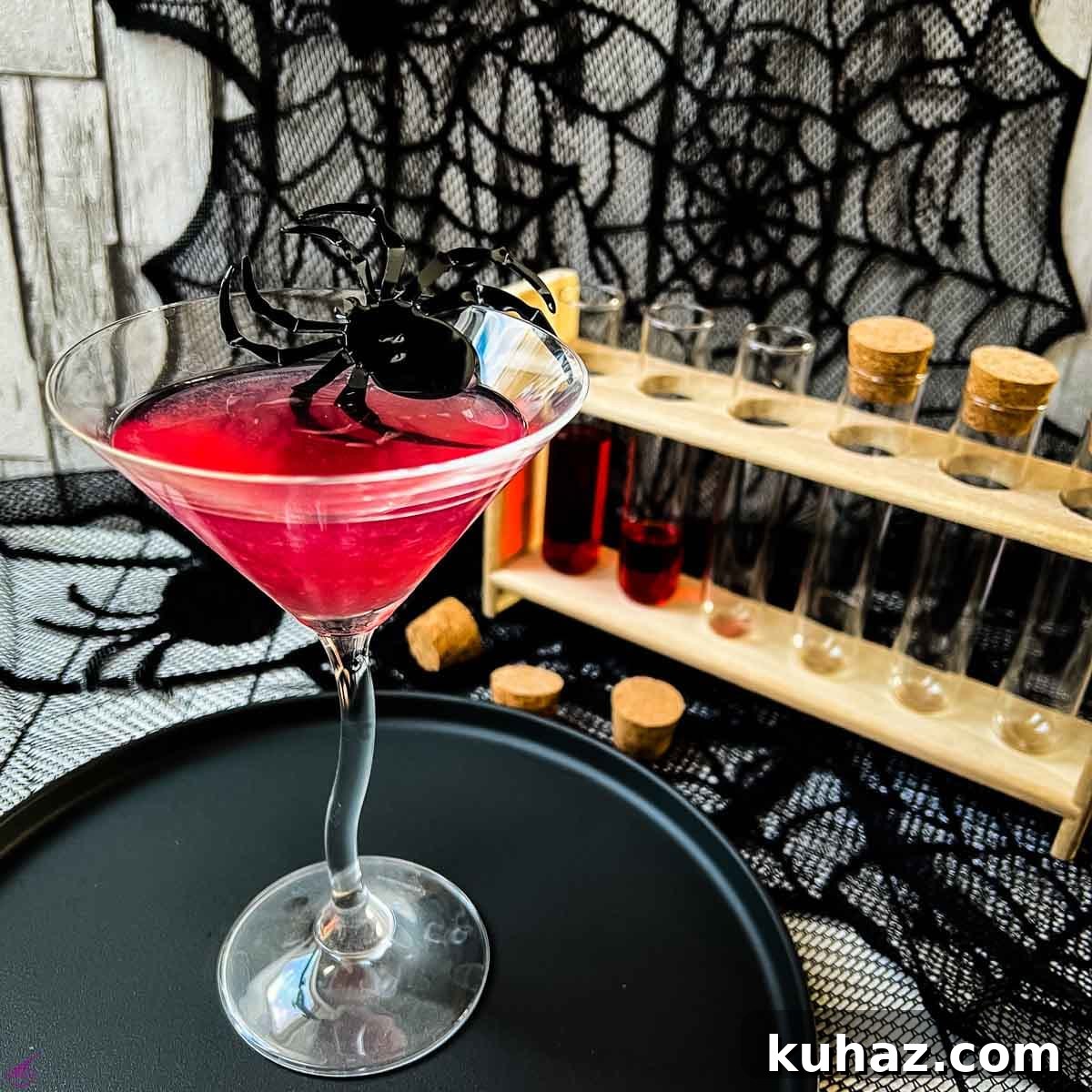 Blood-red Halloween cocktail in a glass decorated with a spider and spider web accents.