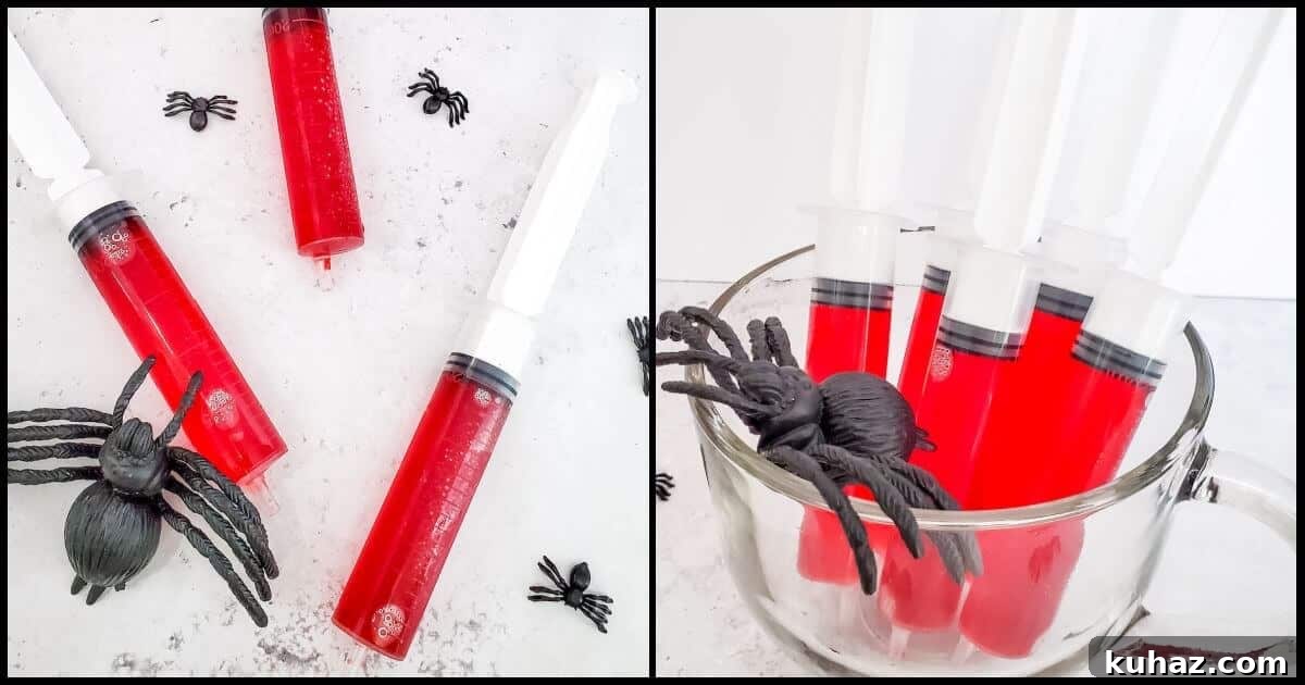 Bloody Halloween jello shots served in syringes for a creepy party treat.