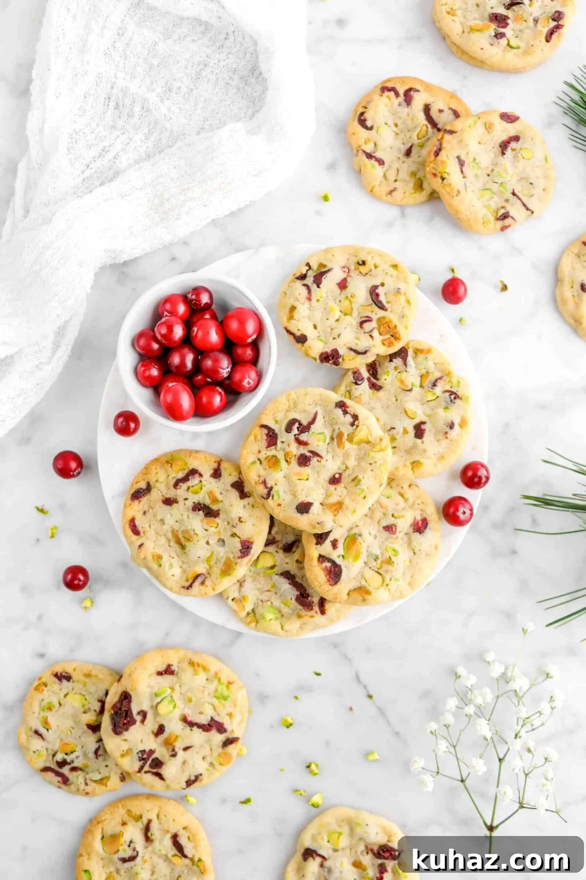 Cranberry Pistachio Slice-and-Bake Cookie Recipe 2 cookies on round marble plate with bowl of cranberries and more cookies around