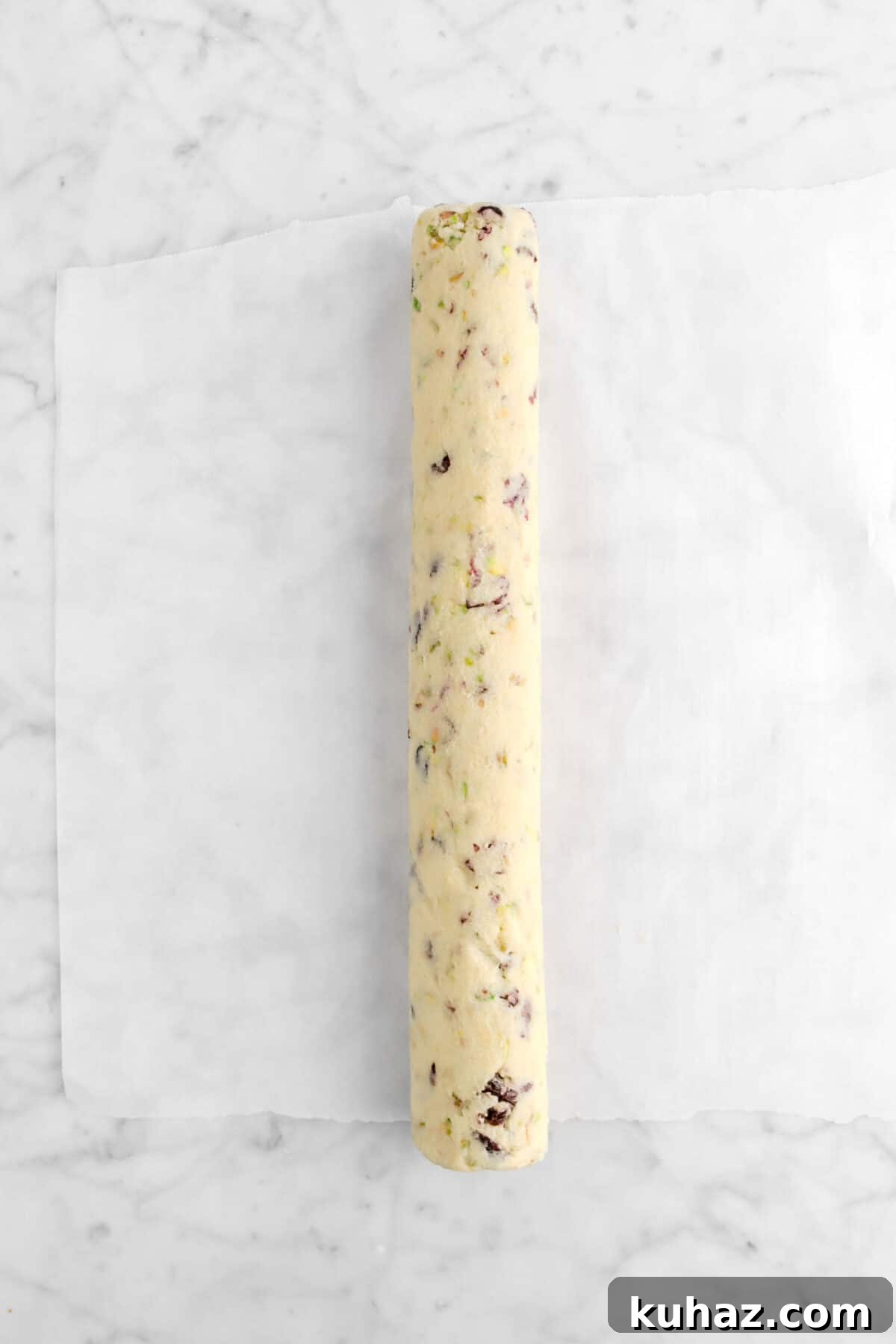 Cranberry Pistachio Slice-and-Bake Cookie Recipe 13 cookie dough rolled into a long log