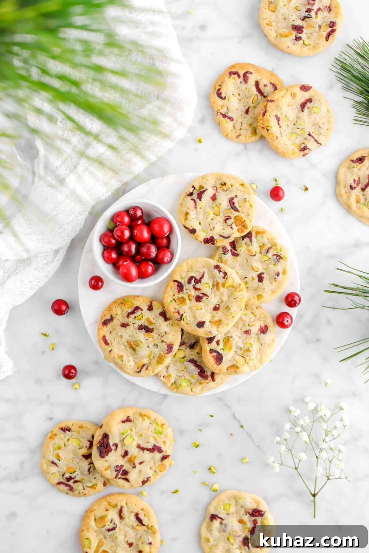 Cranberry Pistachio Slice-and-Bake Cookie Recipe 5 overhead photo with christmas greenery over cranberry pistachio cookies