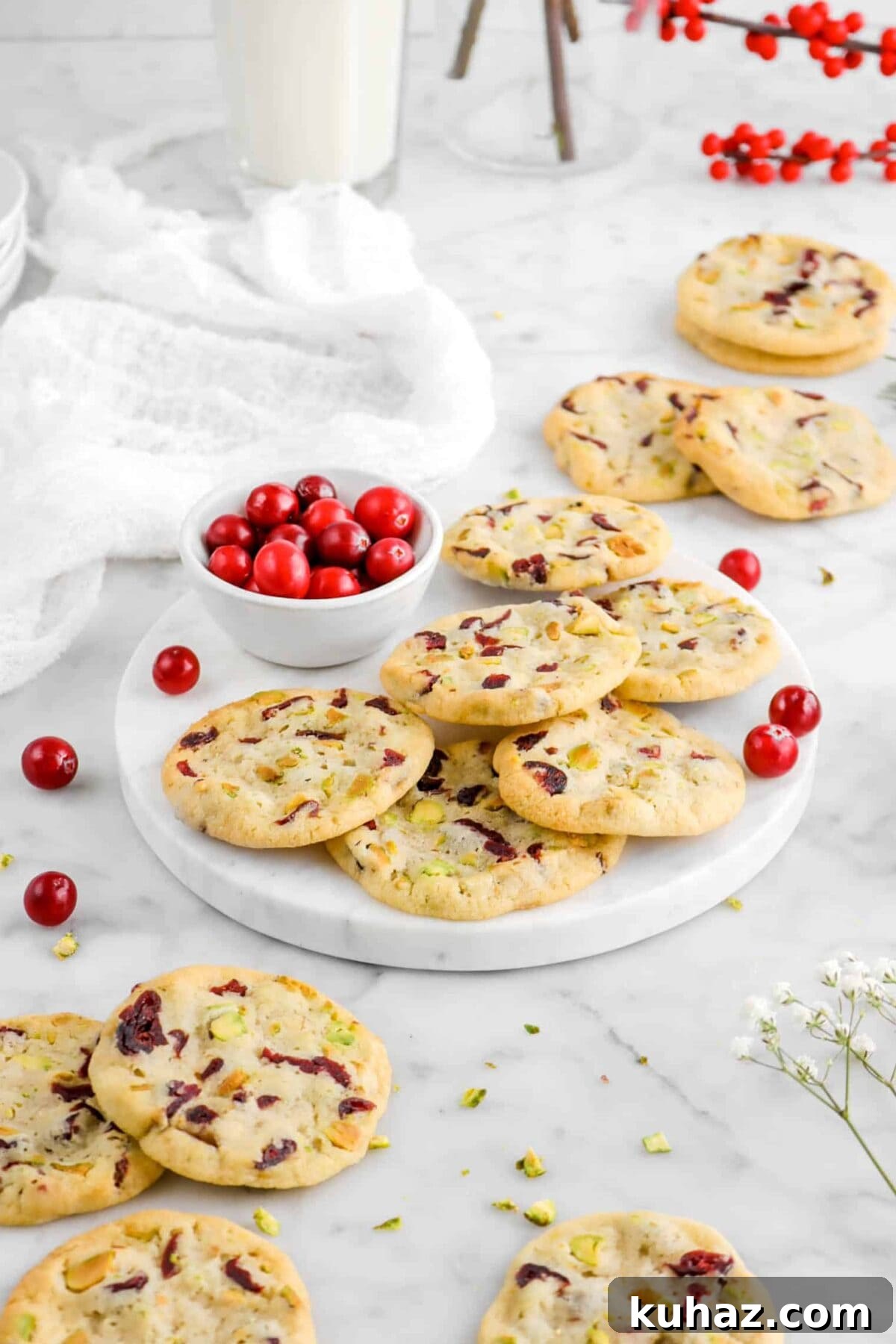 Cranberry Pistachio Slice-and-Bake Cookie Recipe 7 side shot of cookies on marble serving plate with fresh cranberries and more cookies around
