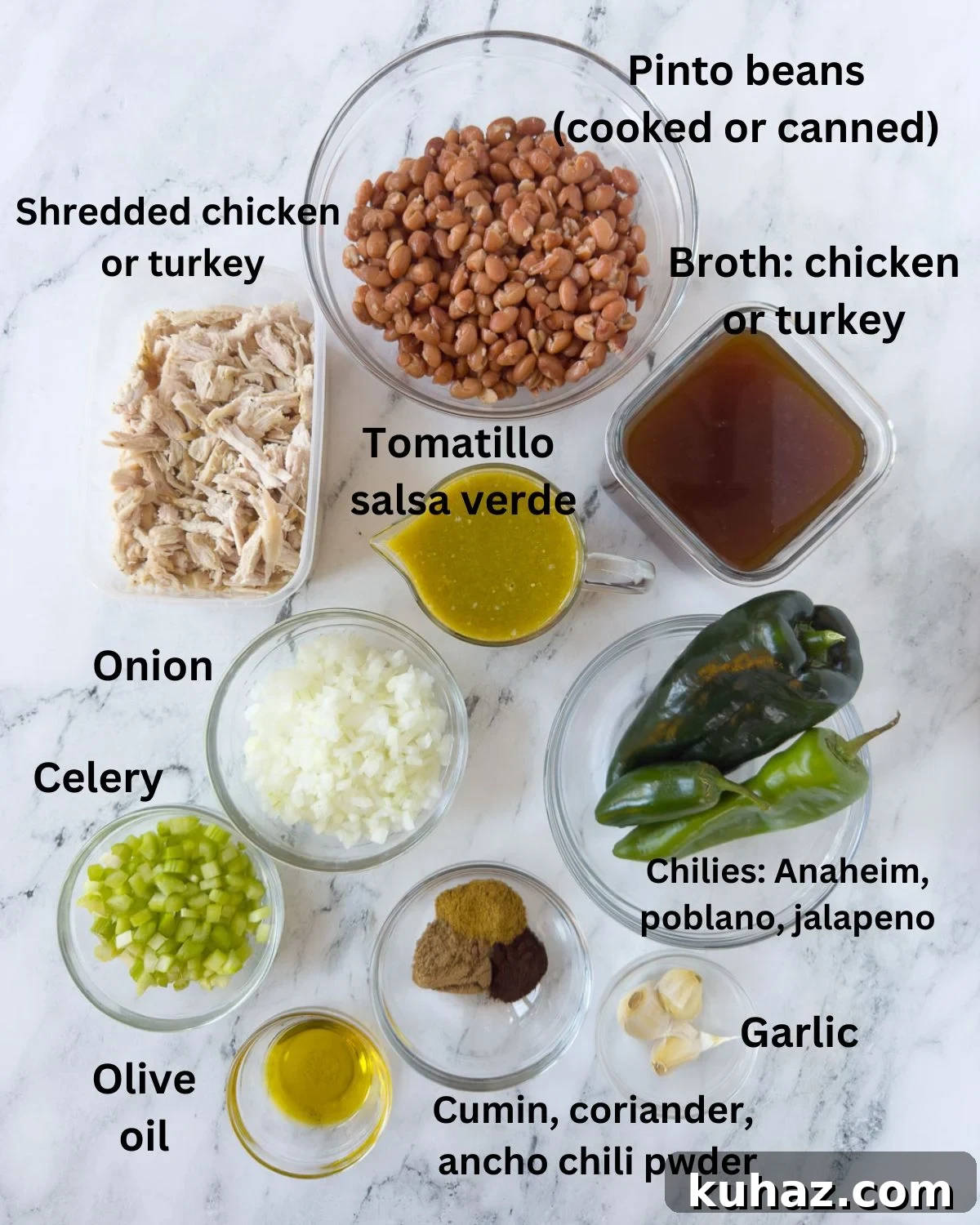 Zesty Tomatillo Soup Recipe with Chicken or Turkey 3 Ingredients for tomatillo soup in prep bowls, pinto beans, broth, spice, onion, chicken and chilies.