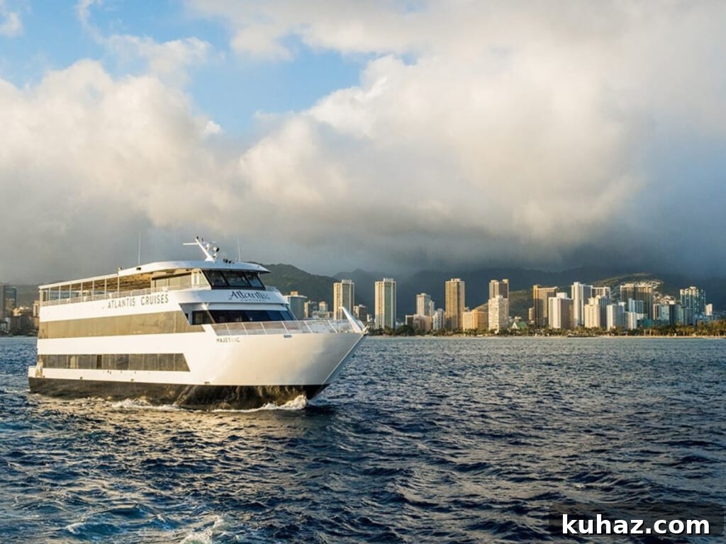 The Atlantis Cruise ship off the coast of Waikīkī Beach and Honolulu.