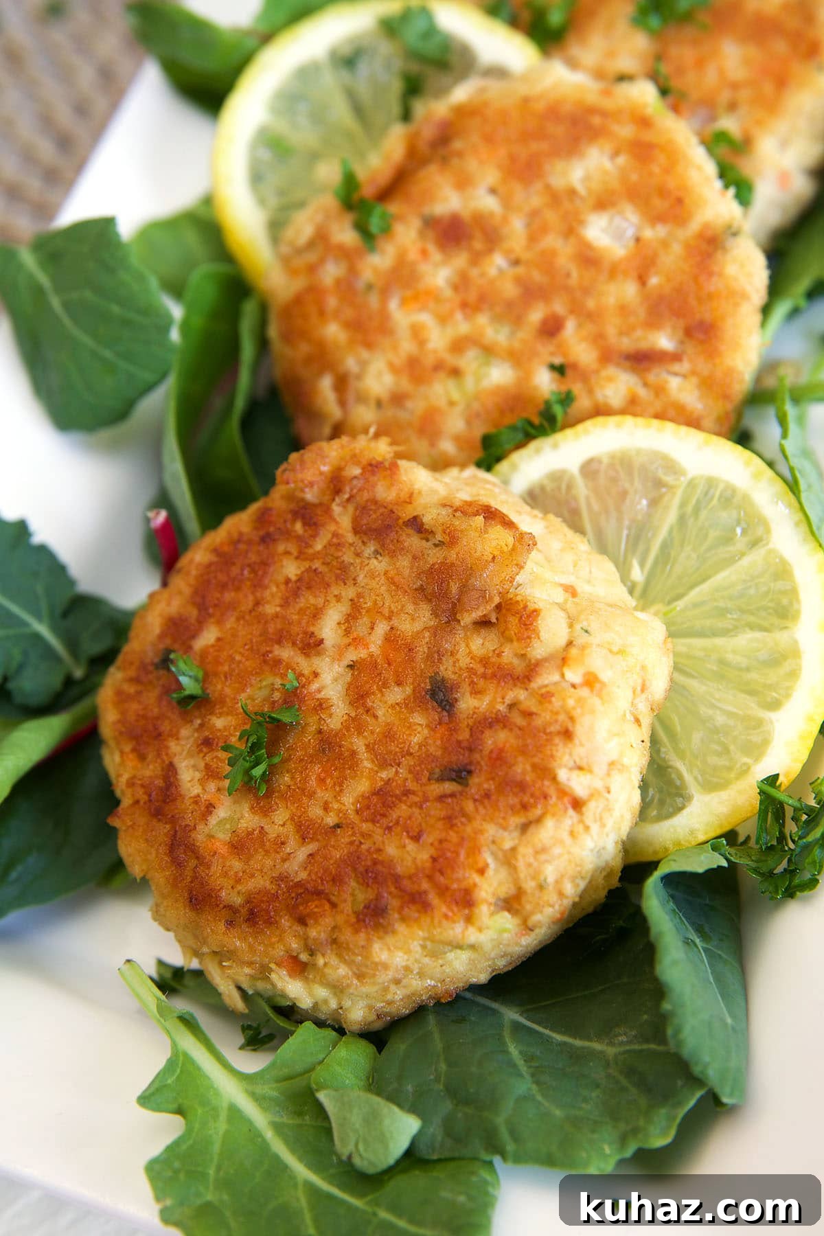 Tuna patties are on a white plate.
