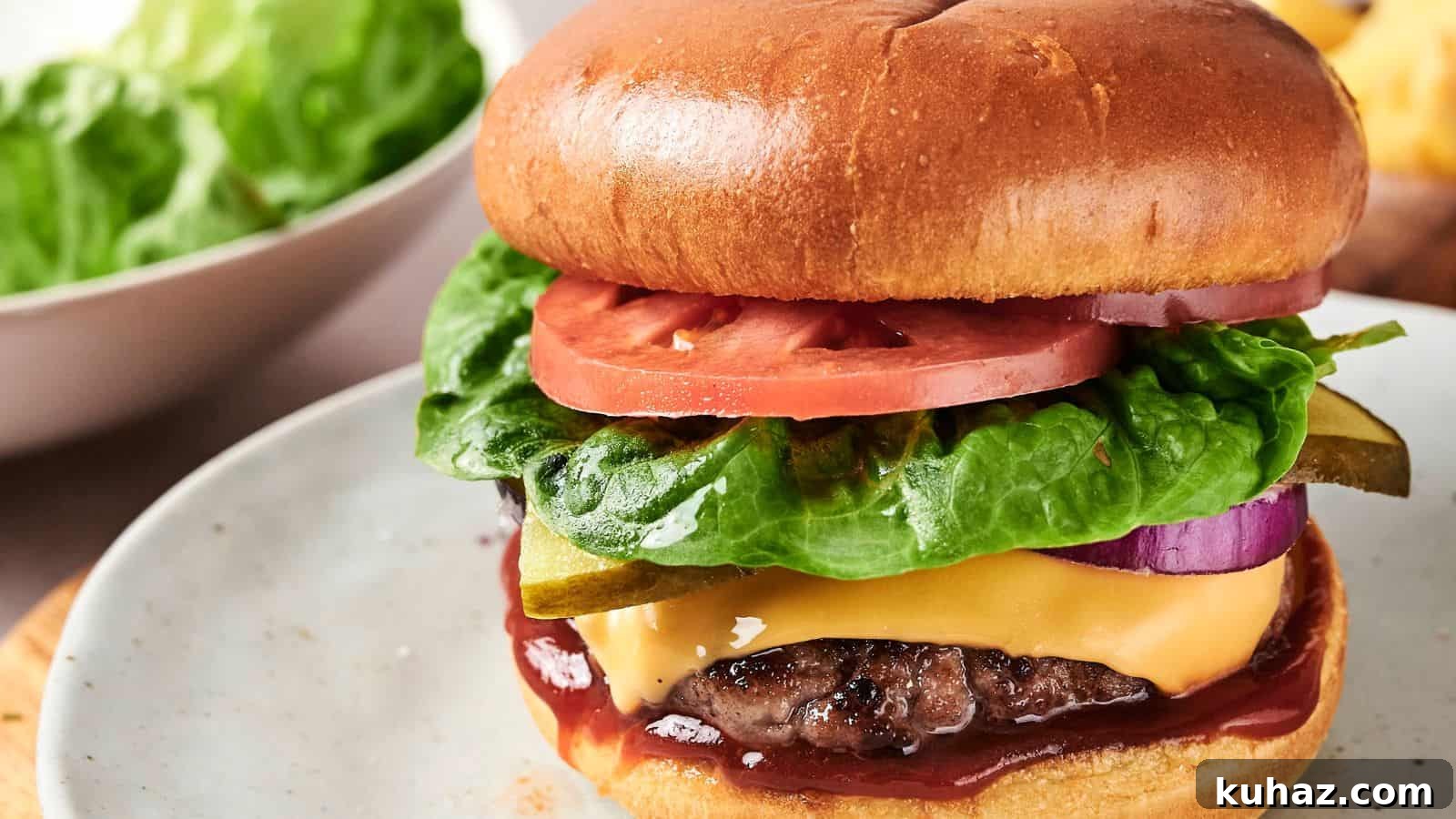 19 BBQ Dinner Recipes That Made Dad Stop Asking What's Next 11 A cheeseburger with lettuce, tomato, pickles, onion, and ketchup on a plate. A bowl of lettuce is in the background.