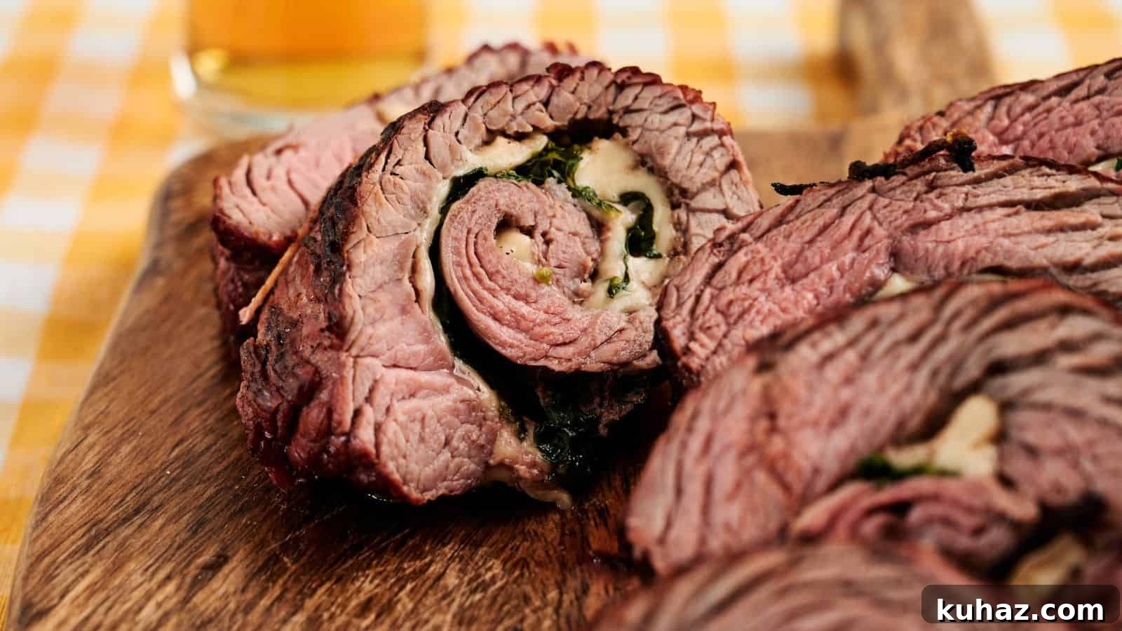 19 BBQ Dinner Recipes That Made Dad Stop Asking What's Next 14 Close-up of sliced stuffed beef roulade with visible layers of meat, cheese, and spinach on a wooden board. A glass of beer is blurred in the background.
