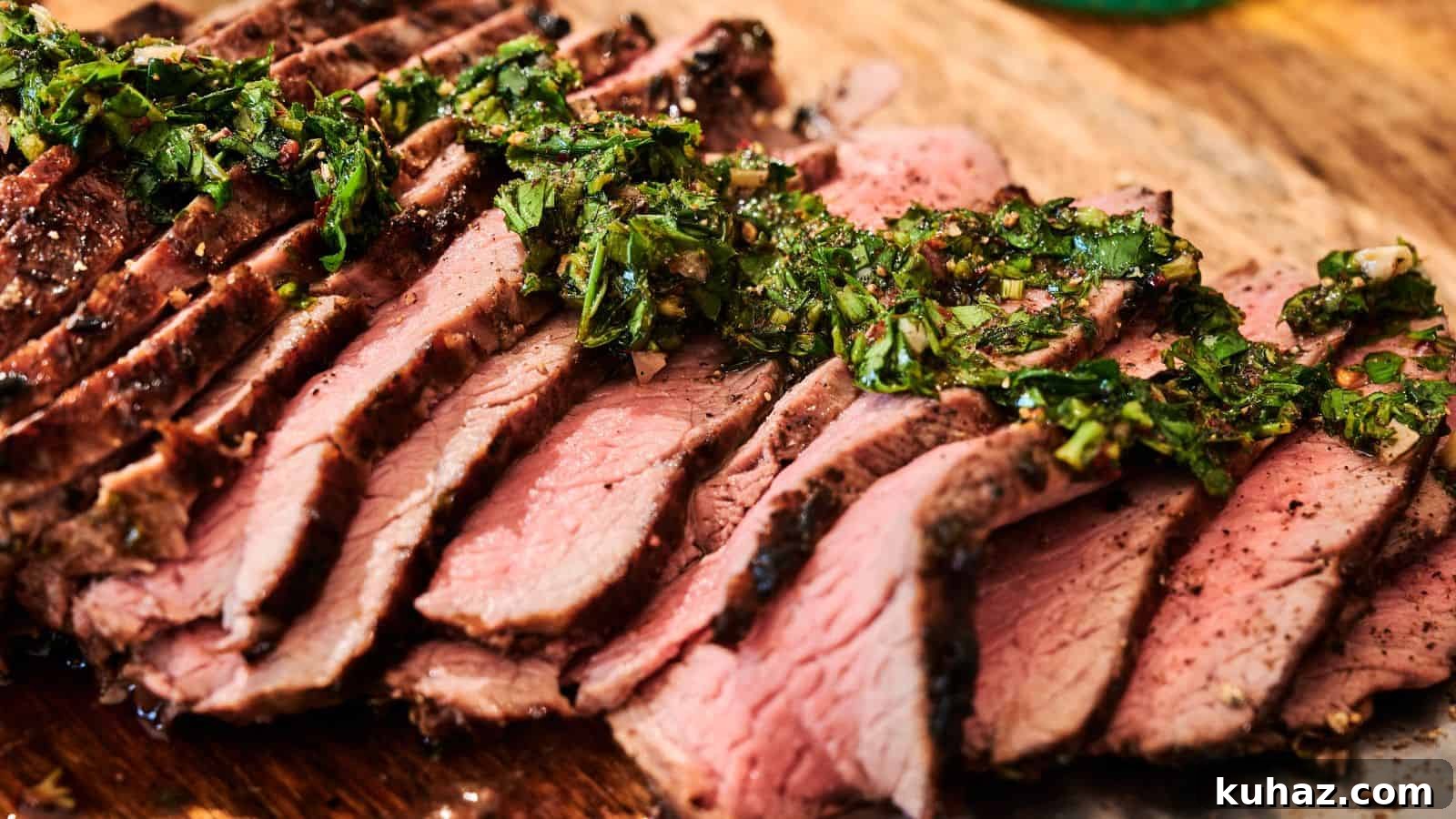 19 BBQ Dinner Recipes That Made Dad Stop Asking What's Next 17 Sliced medium-rare steak arranged on a wooden board, topped with a green herb sauce.