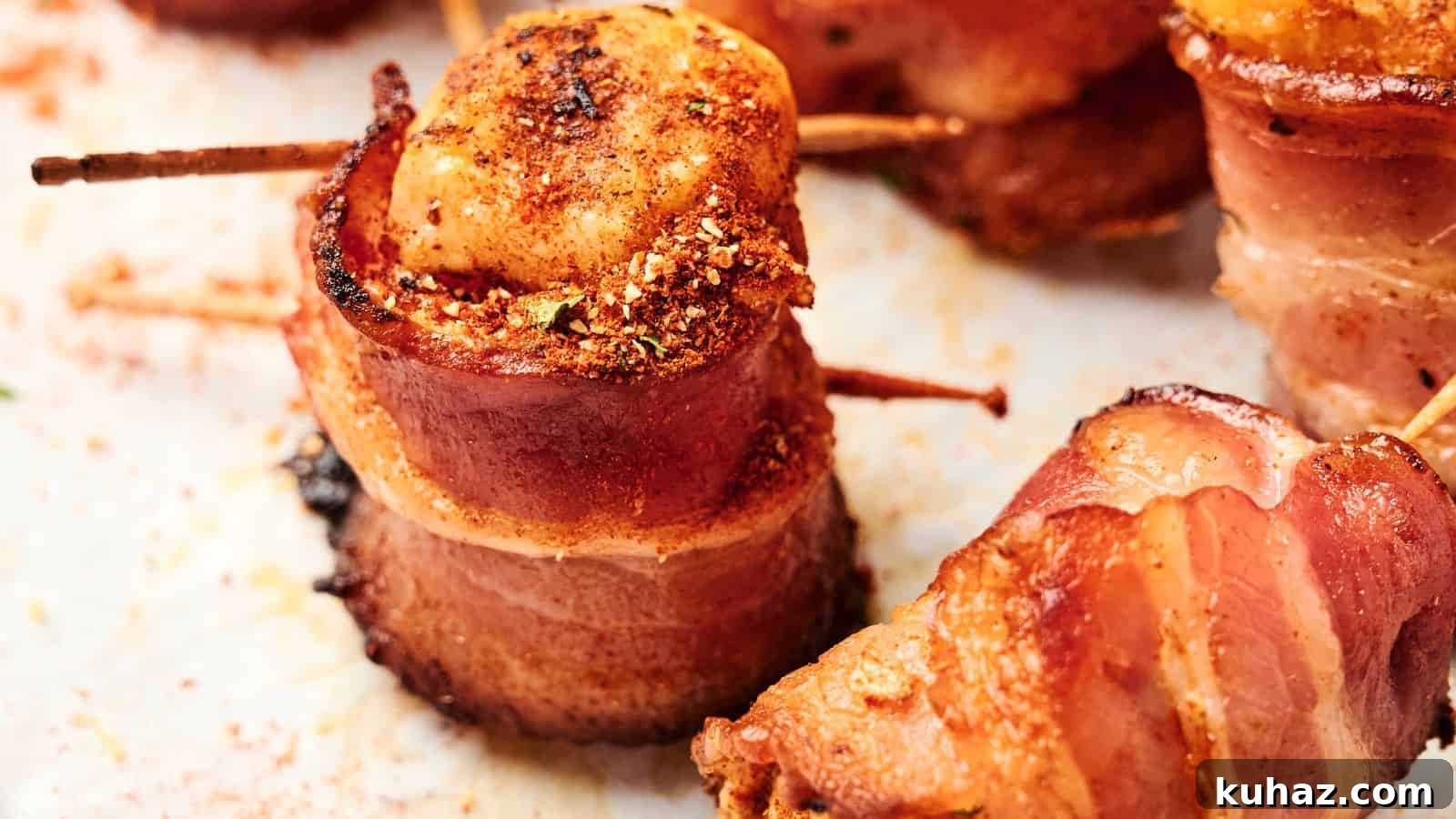 19 BBQ Dinner Recipes That Made Dad Stop Asking What's Next 18 Close-up of bacon-wrapped scallops secured with toothpicks, seasoned with spices, and cooked until golden and crispy.