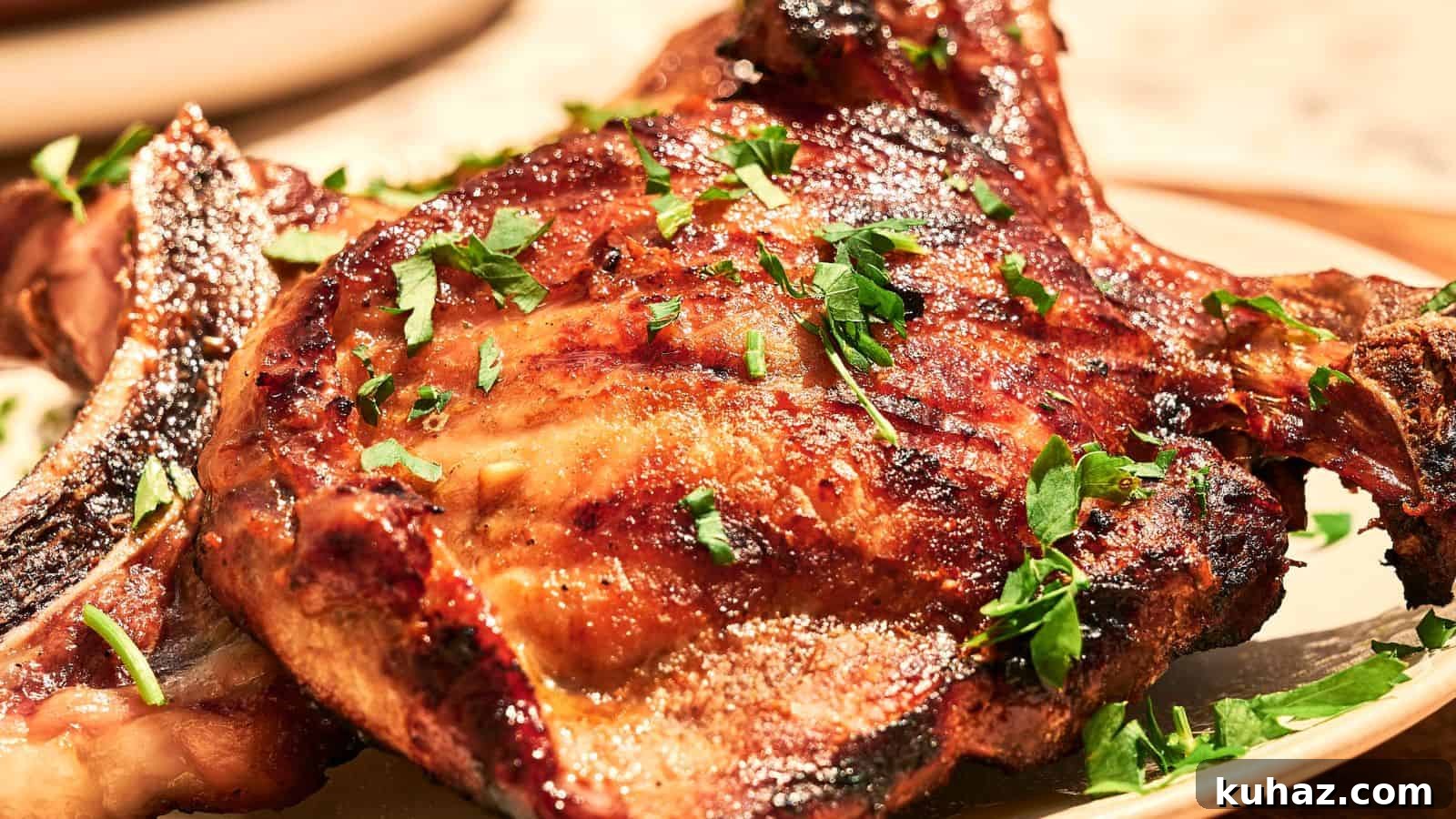 19 BBQ Dinner Recipes That Made Dad Stop Asking What's Next 3 A grilled pork chop garnished with chopped parsley is served on a plate.