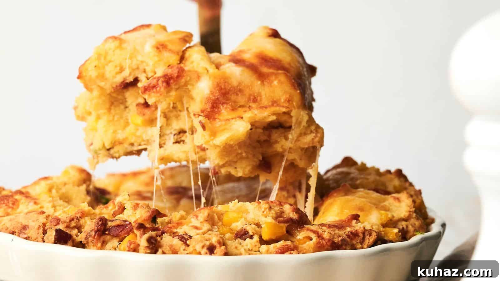 19 BBQ Dinner Recipes That Made Dad Stop Asking What's Next 9 A portion of a cheesy, golden-brown savory cornbread casserole is being lifted from the dish, showing its flaky crust and gooey cheese filling.