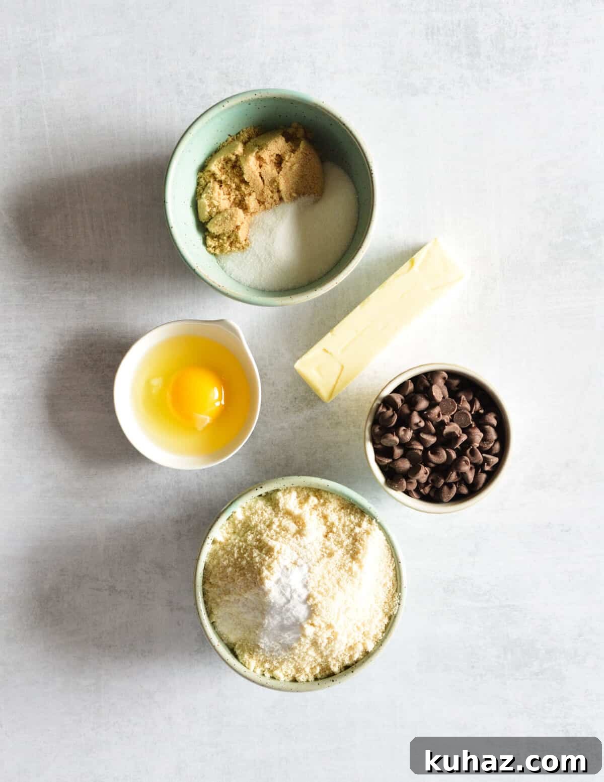 Soft and Chewy Almond Flour Chocolate Chip Cookie Recipe 3 sugar, brown sugar, butter, egg, chocolate chips, almond flour.