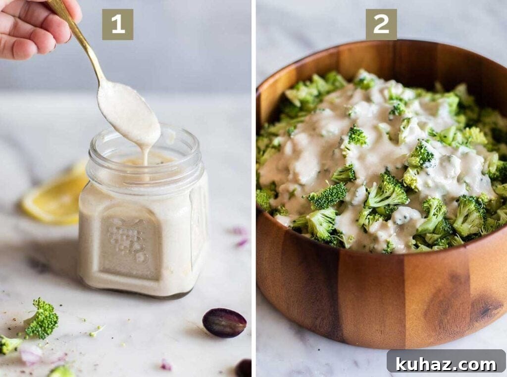 Step 1 shows mixing up a creamy lemon tahini dressing, and step 2 shows coating the broccoli in the dressing.