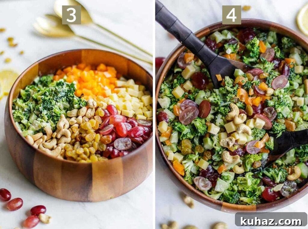 Step 3 shows adding all the flavorful toppings, and step 4 shows tossing the salad together to serve.