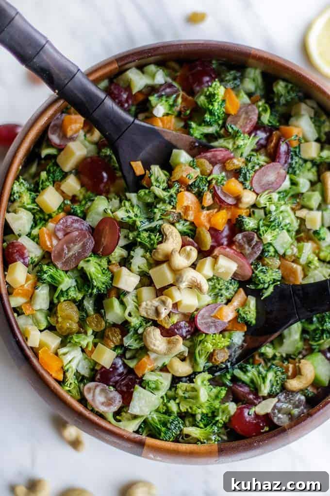 A close up of a healthy broccoli salad with no mayo.