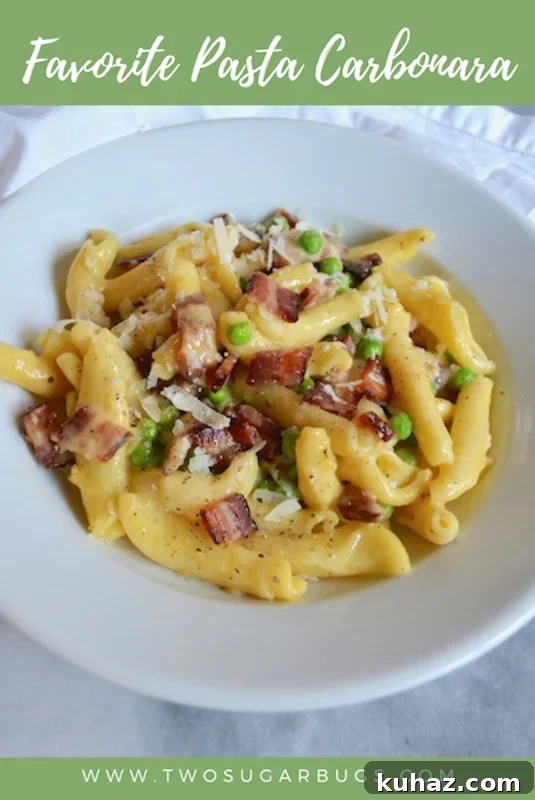 Favorite Pasta Carbonara. Comes together quickly with five ingredients, perfect for a busy night, but special enough for a dinner party. #twosugarbugs #pastacarbonara #pasta #dinnerisserved