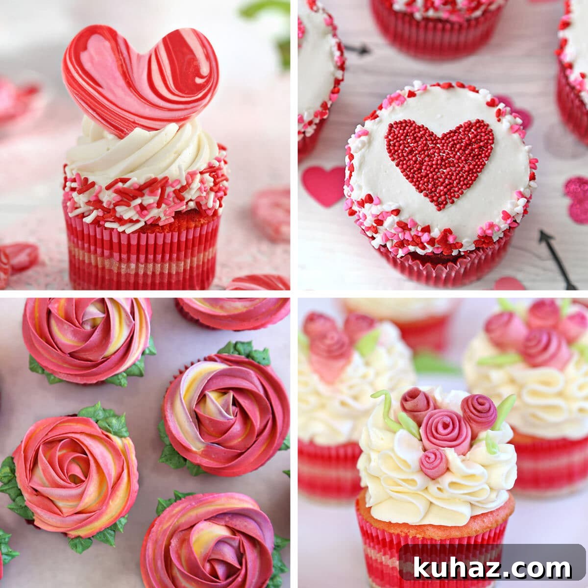 Collage of 4 Valentine's Day cupcake pictures.