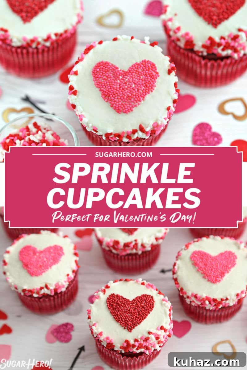 2-photo collage of Sprinkle Heart Cupcakes with text overlay for Pinterest