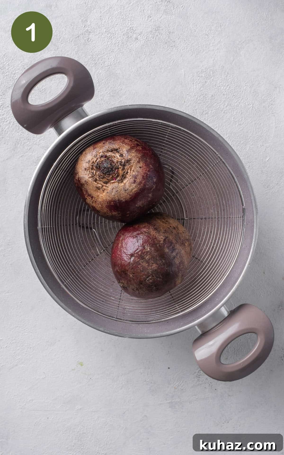 Pickled Beets Recipe with Vinegar and Dill 4 beets in a steaming basket.