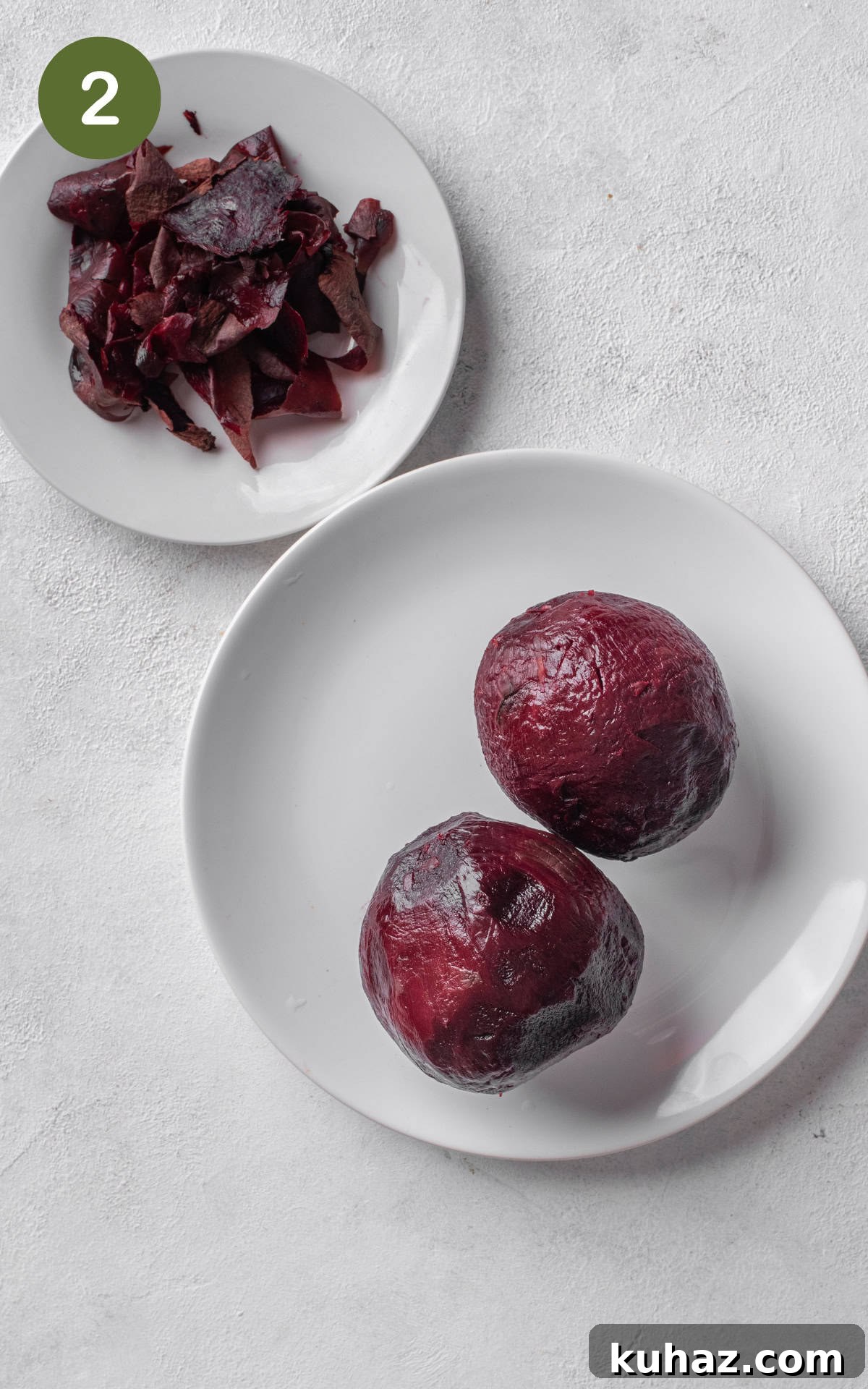Pickled Beets Recipe with Vinegar and Dill 5 beets with peeled skin on a plate.
