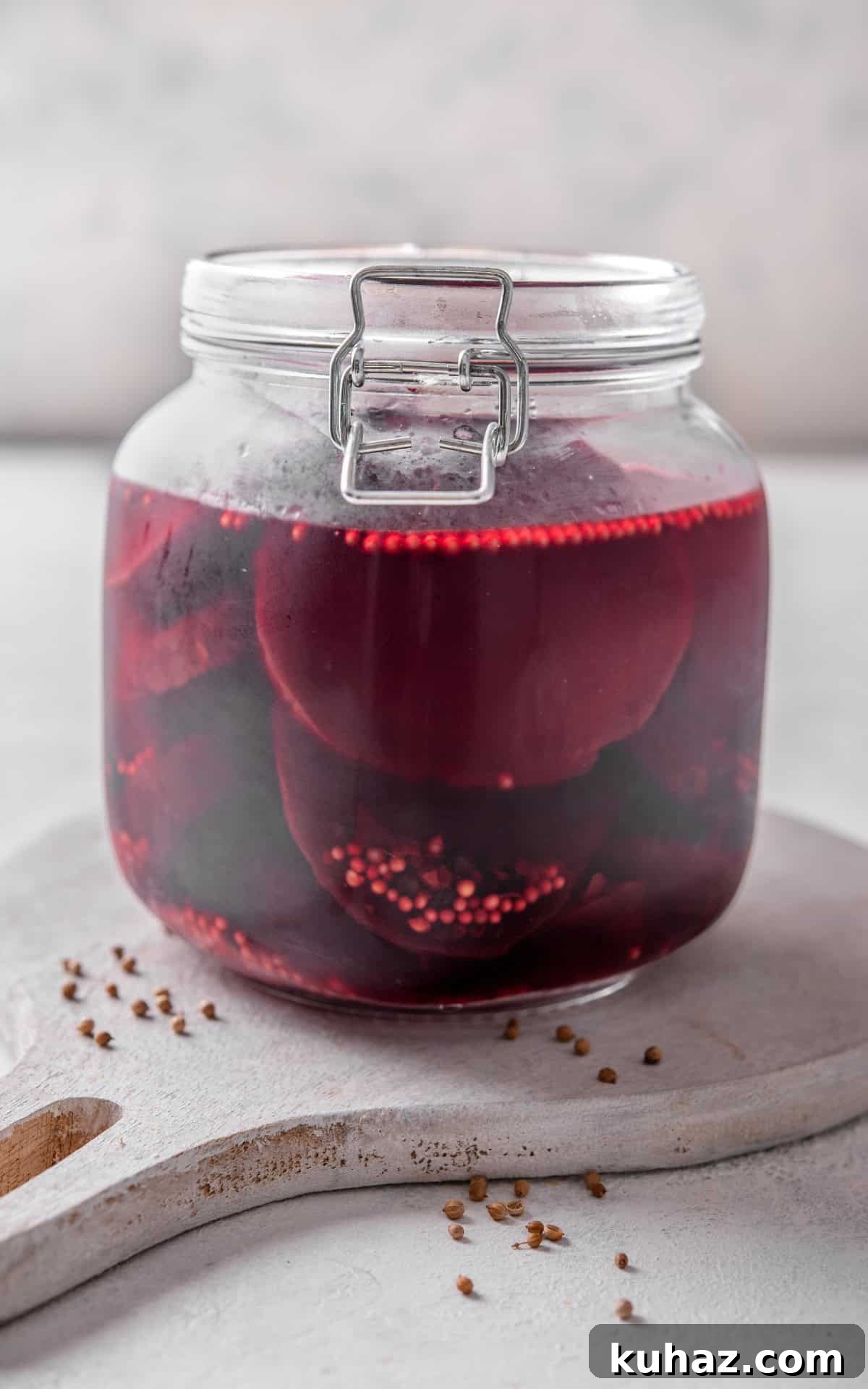 Pickled Beets Recipe with Vinegar and Dill 9 pickled beetroot in a glass jar.