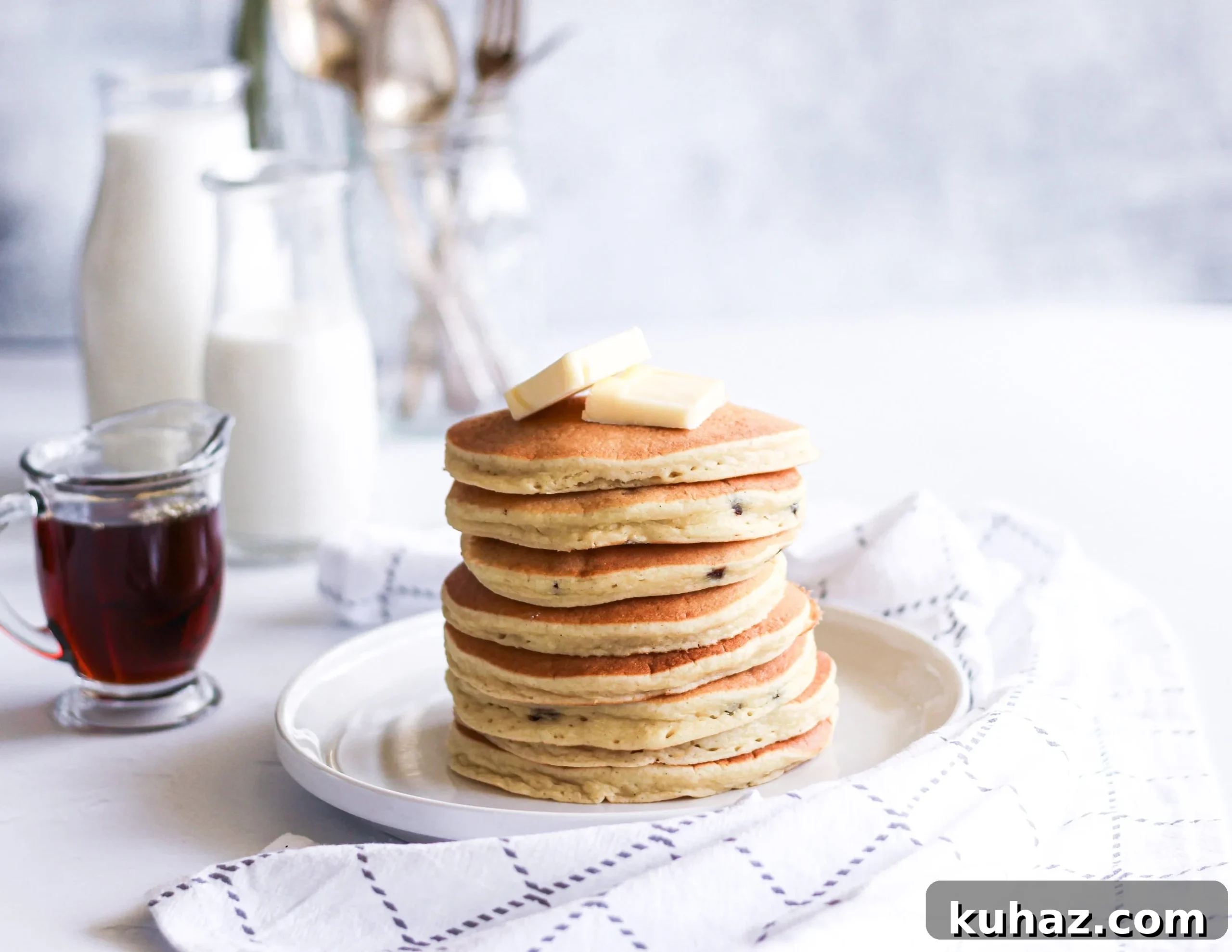 Gluten Free Buttermilk Pancakes Recipe 6 A plain stack of homemade pancakes before adding butter and syrup.