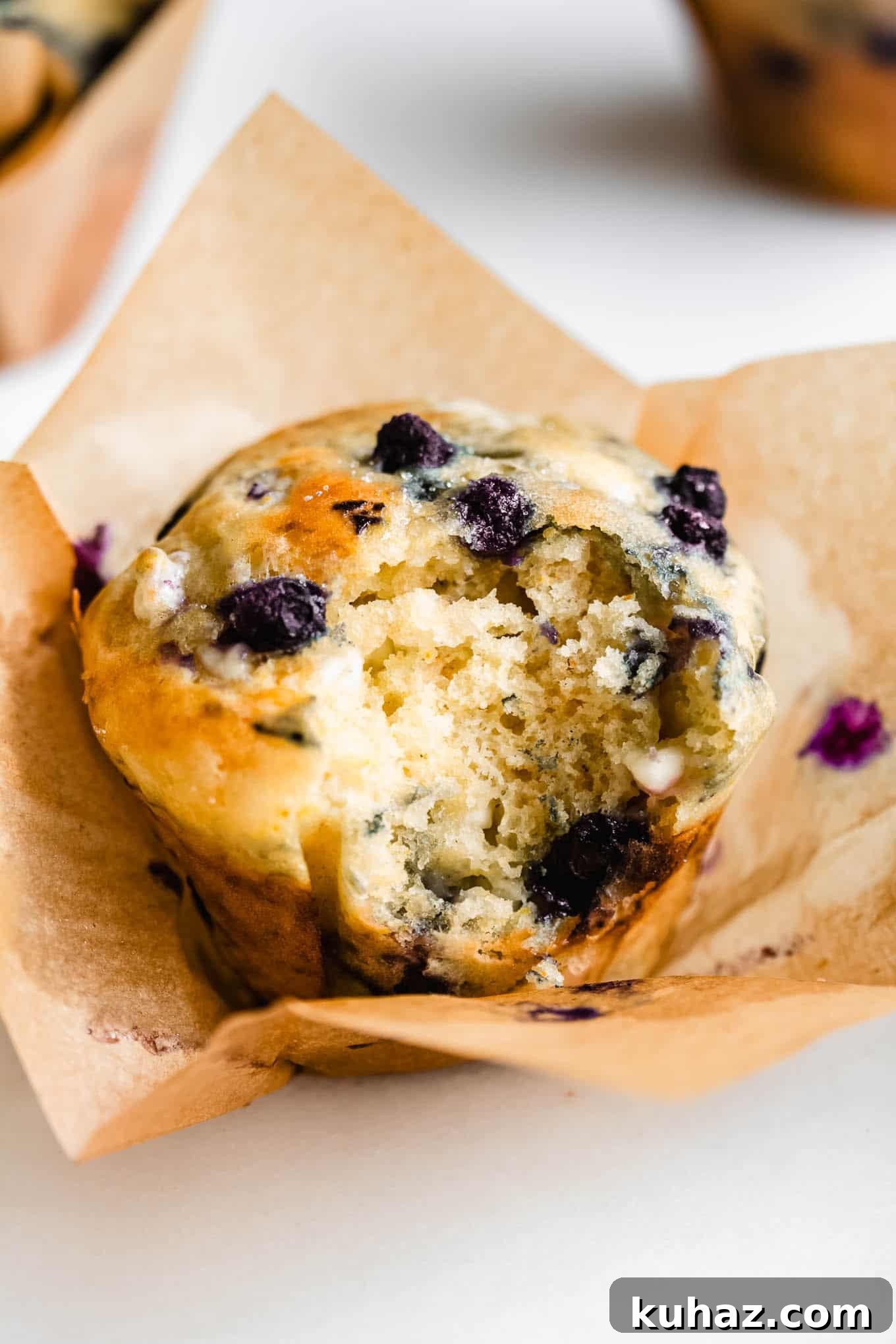 A cottage cheese blueberry muffin with a bite taken out of it