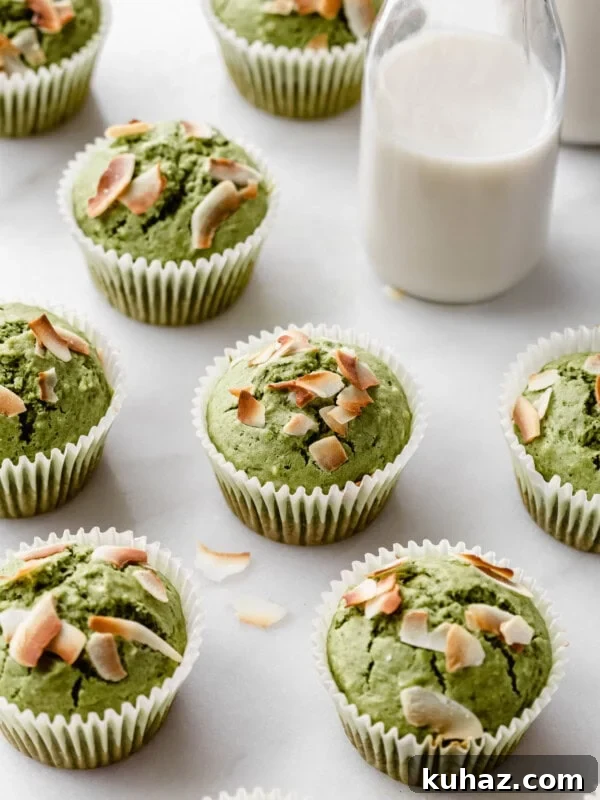 matcha coconut muffins on a marble counter with a jar of milk