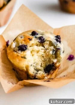 A cottage cheese blueberry muffin with a bite taken out of it