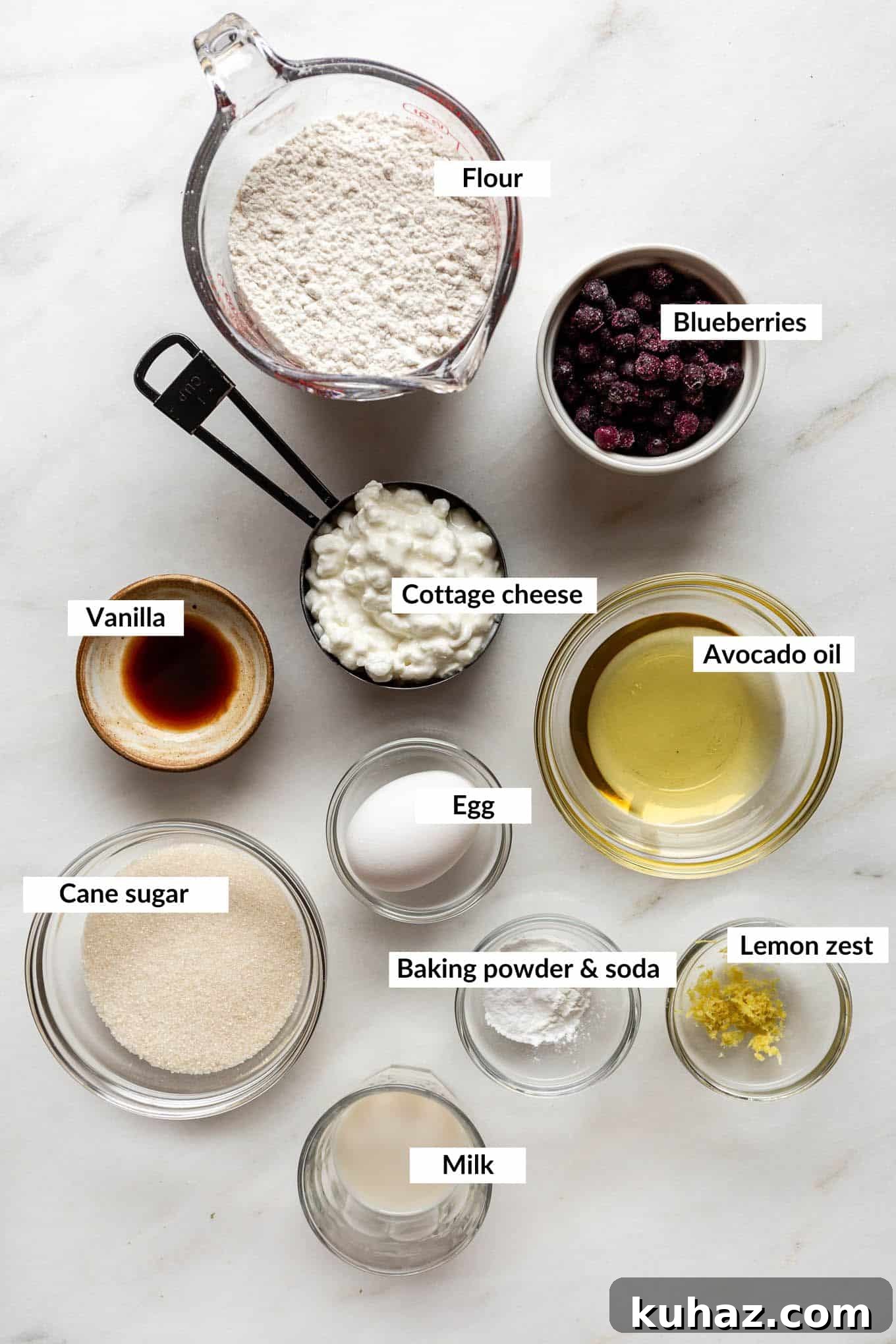 Ingredients for cottage cheese blueberry muffins.