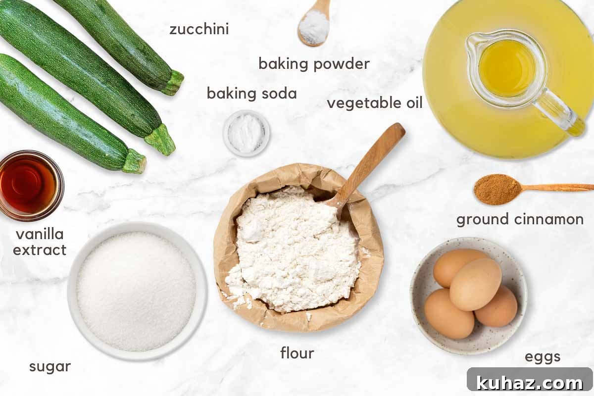 Moist Zucchini Bread Recipe 3 Ingredients for zucchini bread on a counter.