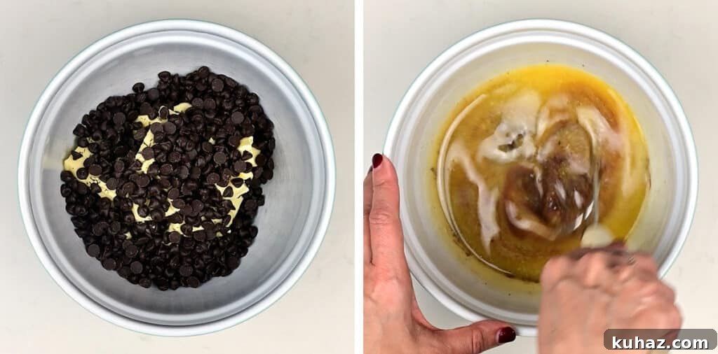 Salted Caramel Brownies Recipe with Gooey Caramel Swirls 4 melting butter and chocolate in a bowl collage