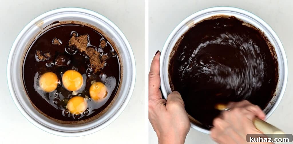 Salted Caramel Brownies Recipe with Gooey Caramel Swirls 5 Stirring eggs into brownie batter in a bowl collage
