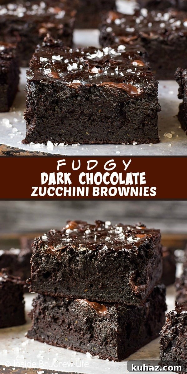 Fudgy Dark Chocolate Zucchini Brownies - shredded zucchini and dark chocolate make these homemade brownies taste amazing. Try this easy recipe with the extra veggies from your garden. Two pictures of dark chocolate zucchini brownies collaged together with a brown text box