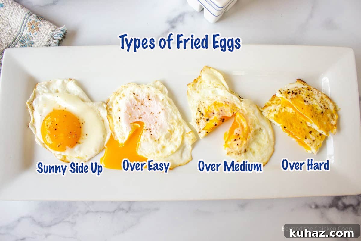 How to Make Perfect Sunny Side Up Eggs 3 Four different types of fried eggs on a white platter.